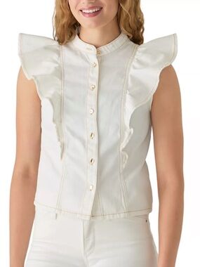 Current/Elliott Sleeveless Mandarin Collar Ruffle Denim Top in White